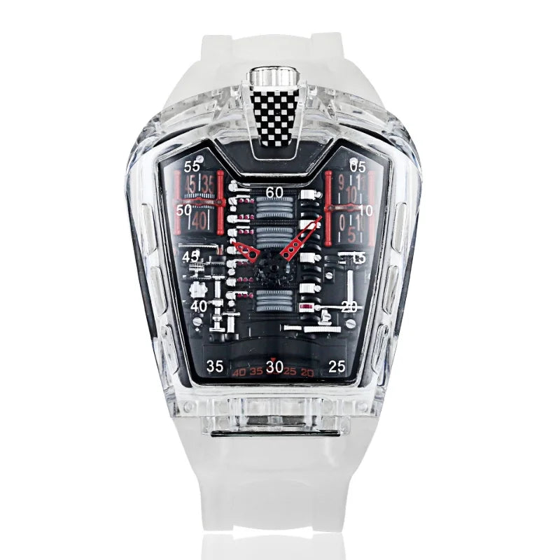 A men's transparent acrylic avant-garde cool racing engine heart quartz battery watch