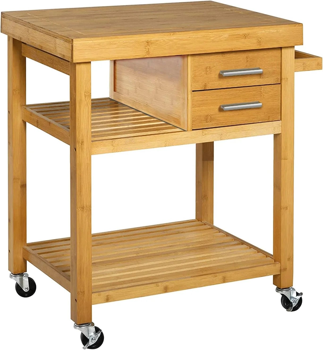 Rolling kitchen island cart with drawers shelves, towel rack, locking casters, butcher block food prepping cart trolley on wheels, bamboo wood