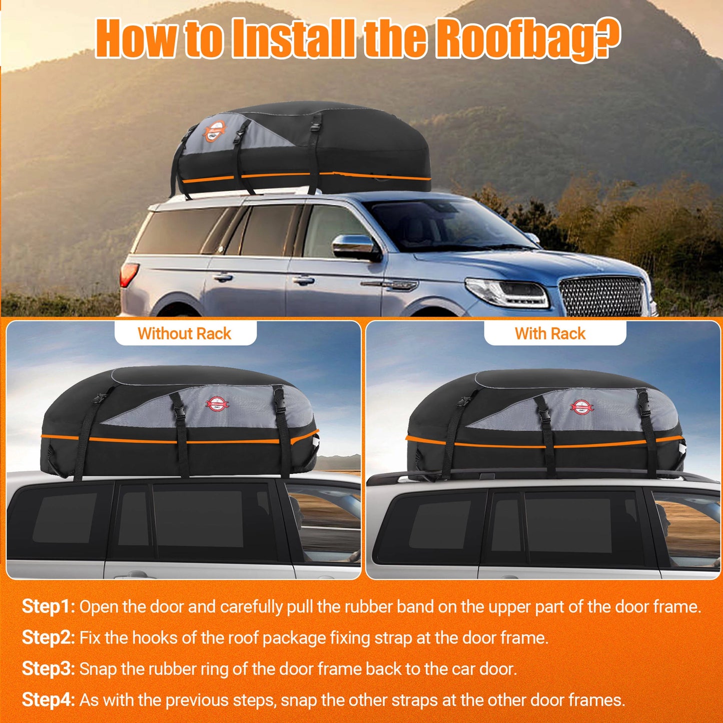 Adnoom car roof bag 100% waterproof rooftop cargo carrier, 16 cu ft car luggage storage bag, soft sided car top carrier bag black, orange