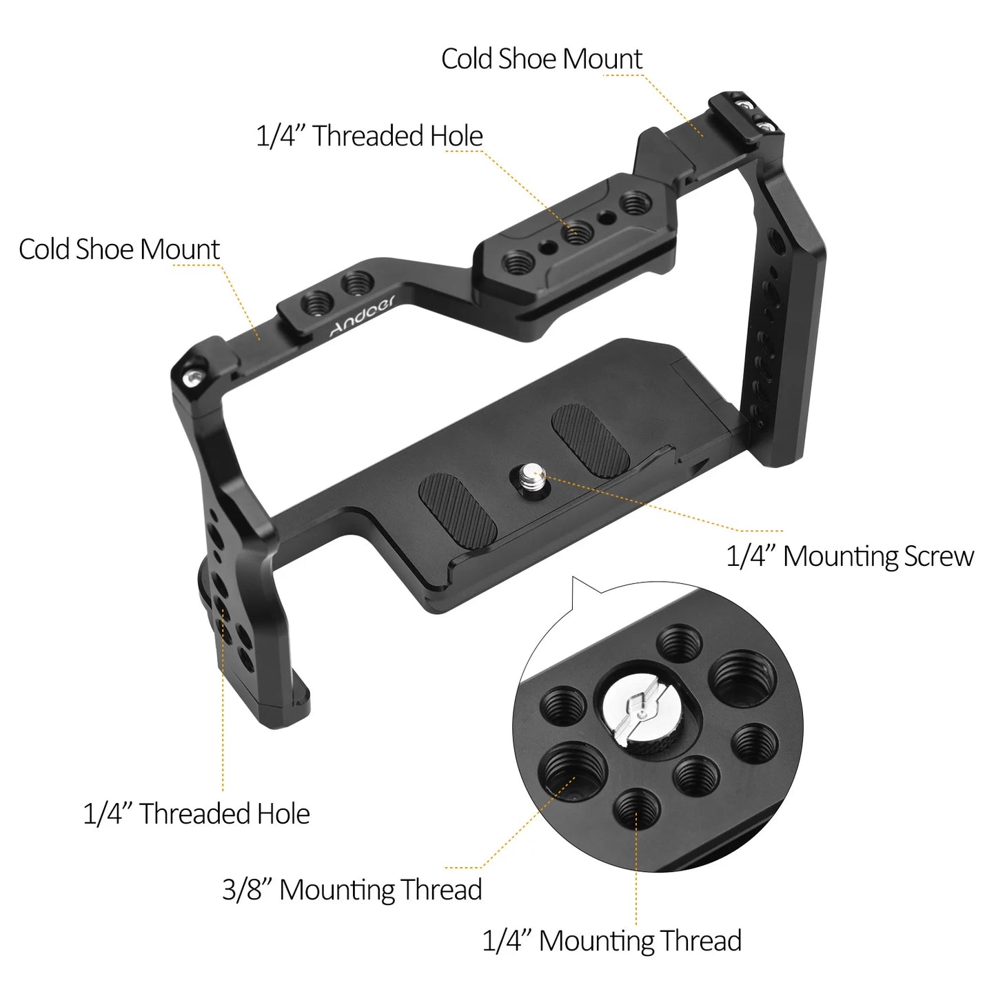 Andoer  cage aluminum alloy video cage with dual cold shoe mounts numerous 14 inch threads replacement for sony a7iv/ a7iii/ a7ii/ a7r iii/ a7r ii/ a7s ii