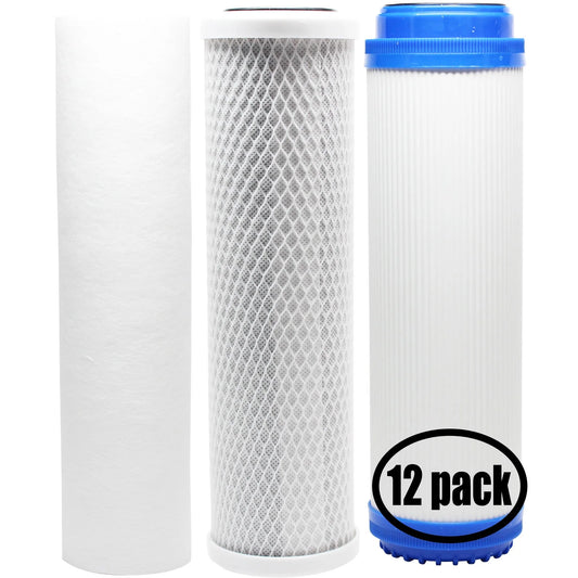 12-pack replacement for filter kit for pentek 158602 ro system - includes carbon block filter, pp sediment filter & gac filter - denali pure brand