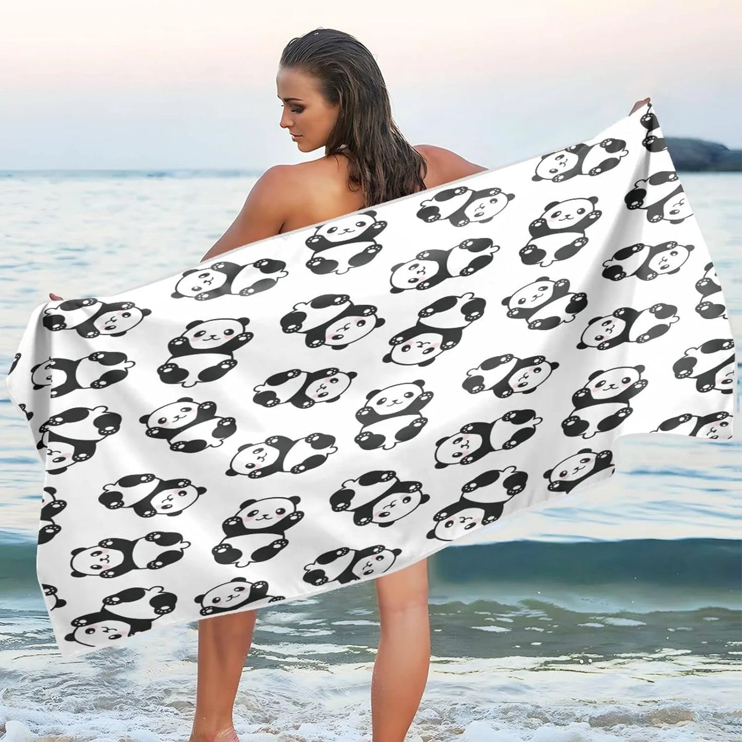 Bestwell cute cartoon panda pattern beach towel oversized towel blanket, thin lightweight microfiber sand free quick dry towel, 31”x71” multipurpose pool bath yoga swim shower towel