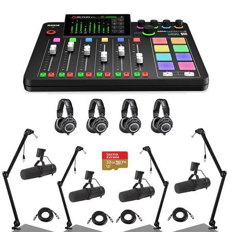 Rodecaster pro ii integrated audio production studio console bundle with 4x sm7b mic, 4x ath-m50x headphones, 4x broadcast arm, 4x m to f xlr cable, 32bg microsd card