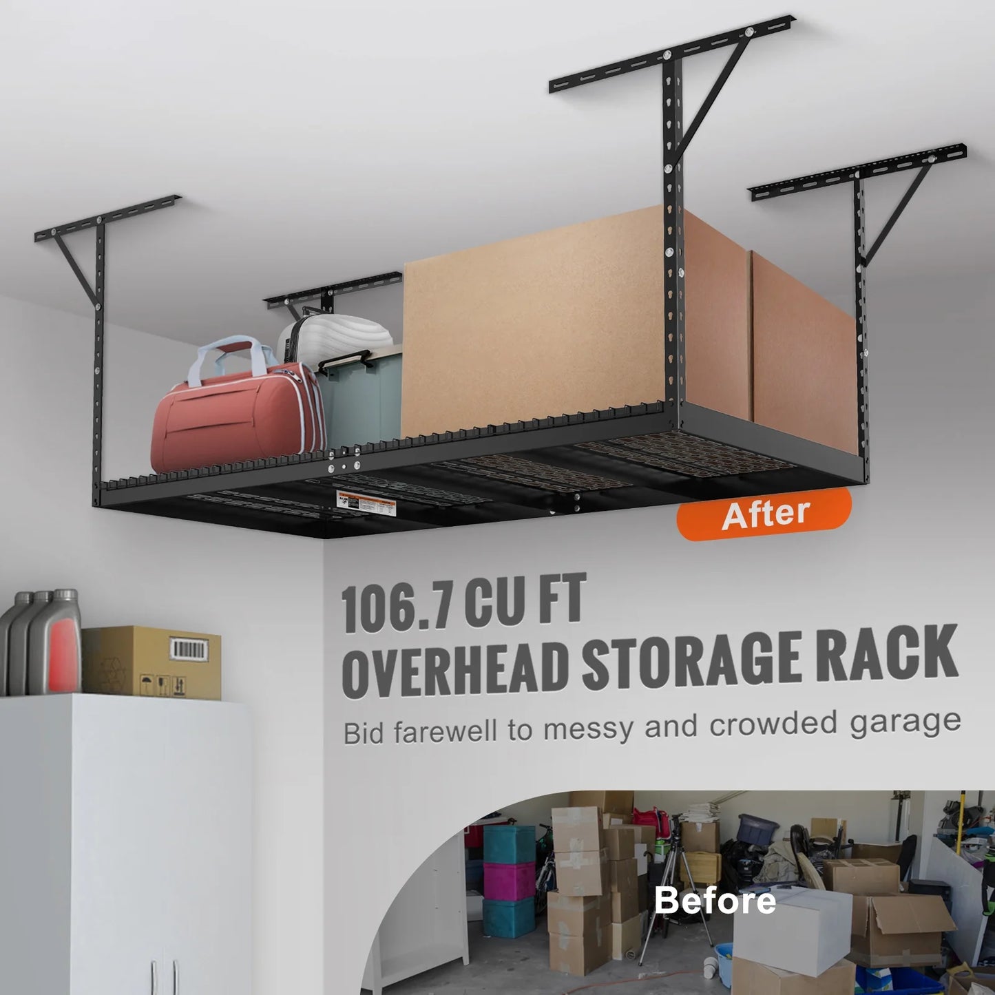 Skyshalo overhead adjustable garage storage rack 48x96" ceiling rack 600 lbs black