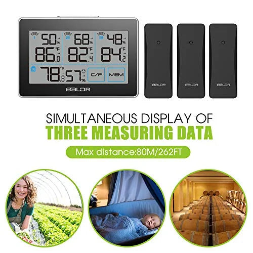 Baldr digital wireless weather station with 3 remote sensors, real-time humidity meter and temperature tracker with lcd, touchscreen, built-in stand and hanging slot, 262 ft max distance - black