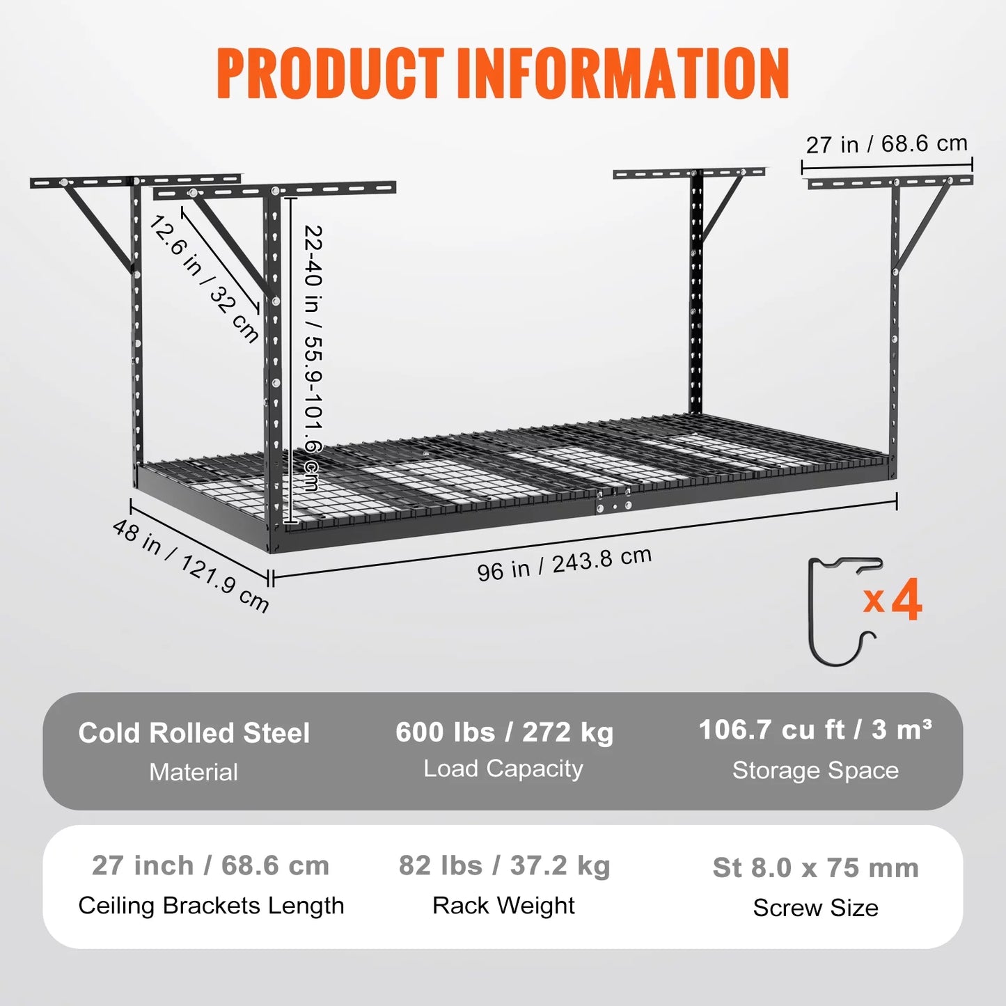 Skyshalo overhead adjustable garage storage rack 48x96" ceiling rack 600 lbs black