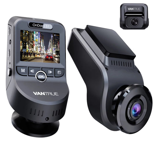 Vantrue dual front and rear 1080p dash cam, single front 4k car camera, hidden design, built in gps, 24/7 parking mode, low bitrate recording, hdr, night vision, supercapacitor, g-sensor (s1w)