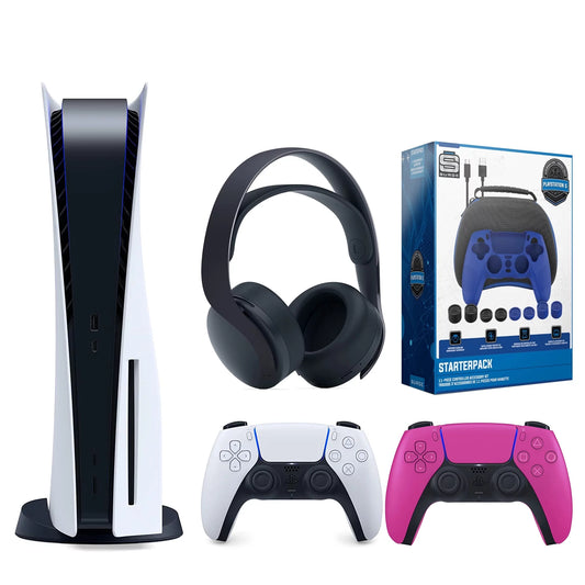 Sony playstation 5 disc version (sony ps5 disc) with extra nova pink controller, black pulse 3d headset and gamer starter pack bundle