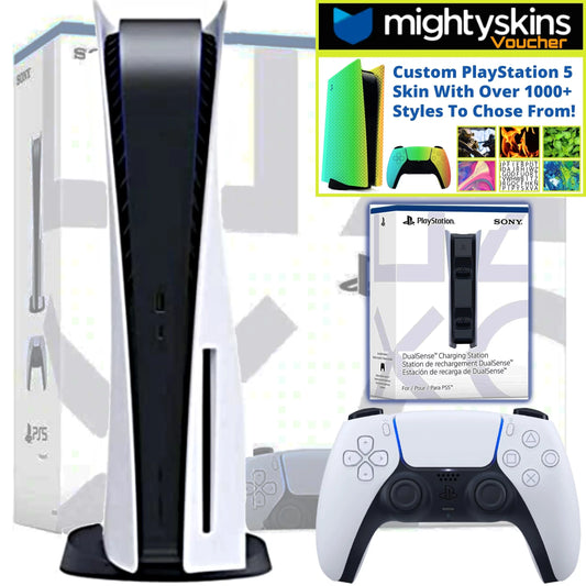 Sony playstation 5 disk console bundle with ps5 dualsense charging dock & mightyskins custom ps5 skin voucher limited edition bundle