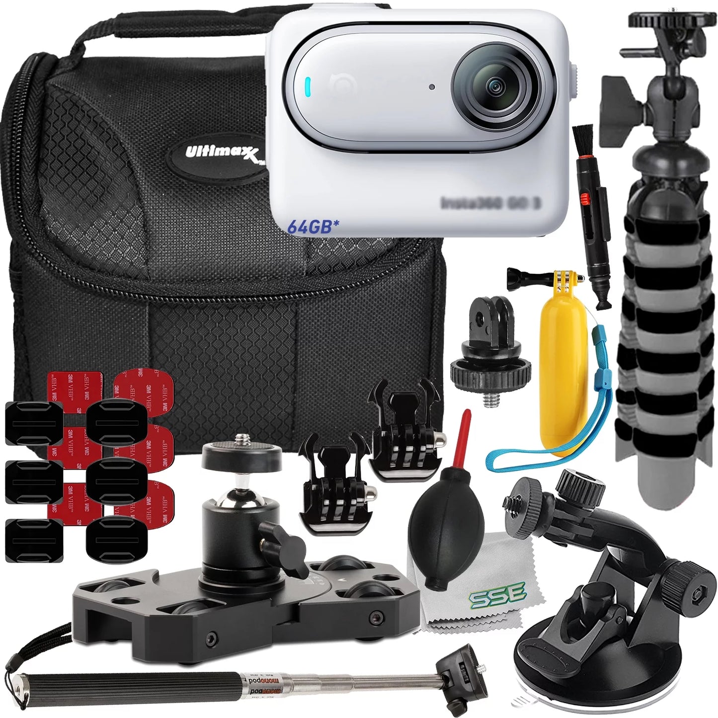 Ultimaxx advanced insta360 go 3 action camera bundle (64gb) - includes: 1/4” screw adapter for action cam mounts, mini metal dolly & more (25pc bundle)