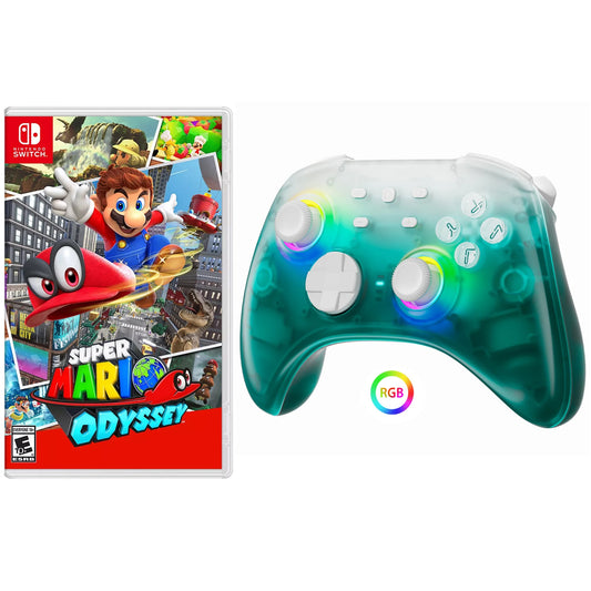 Super mario odyssey game disc and upgraded switch pro controller for nintendo switch/pc/ios/android/steam with hall effect joysticks & triggers green