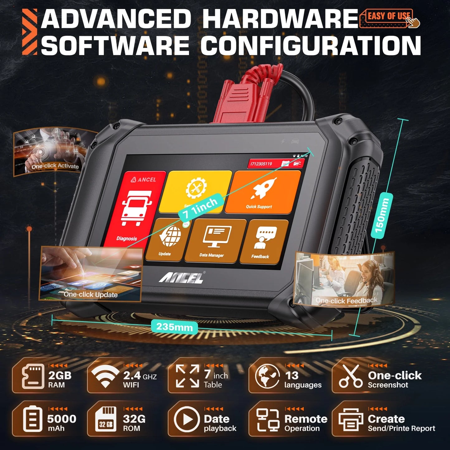 Ancel v5 hd diesel truck bi-directional diagnostic scan tool heavy duty truck all system scanner 40+ maintenance reset dpf regen ecu coding obd2 2 in 1 code reader for 24v truck 12v cars scan tablet