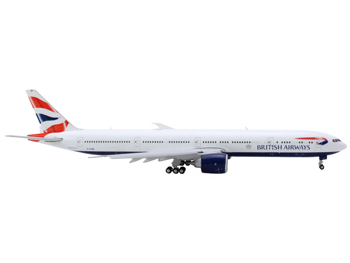 Boeing 777-300er commercial aircraft with flaps down white with striped tail 1/400 diecast model airplane by geminijets