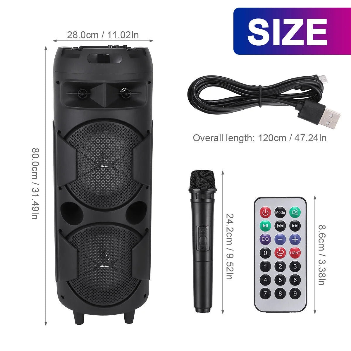 31" portable bluetooth speaker dual 8" subwoofer heavy bass sound system & mic