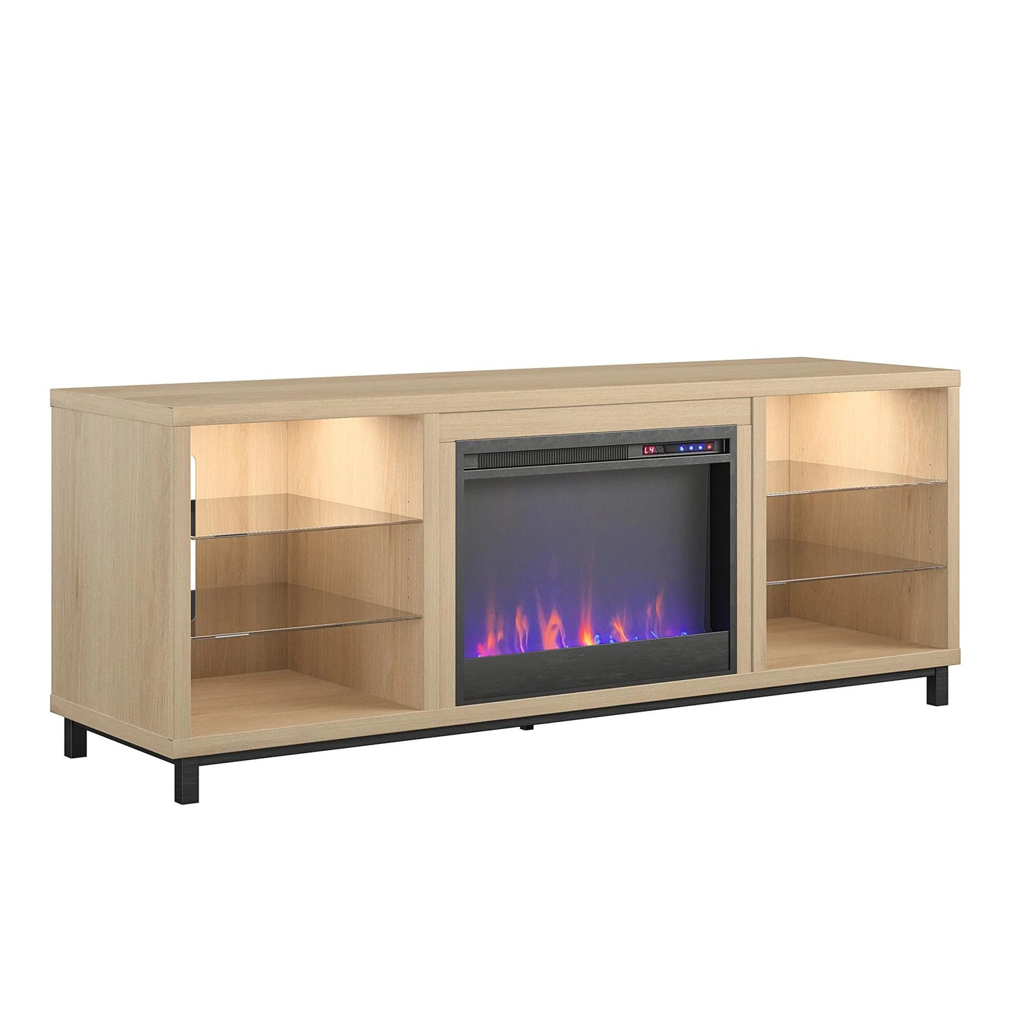 Ameriwood home lumina deluxe fireplace tv stand for tvs up to 70" in blonde oak