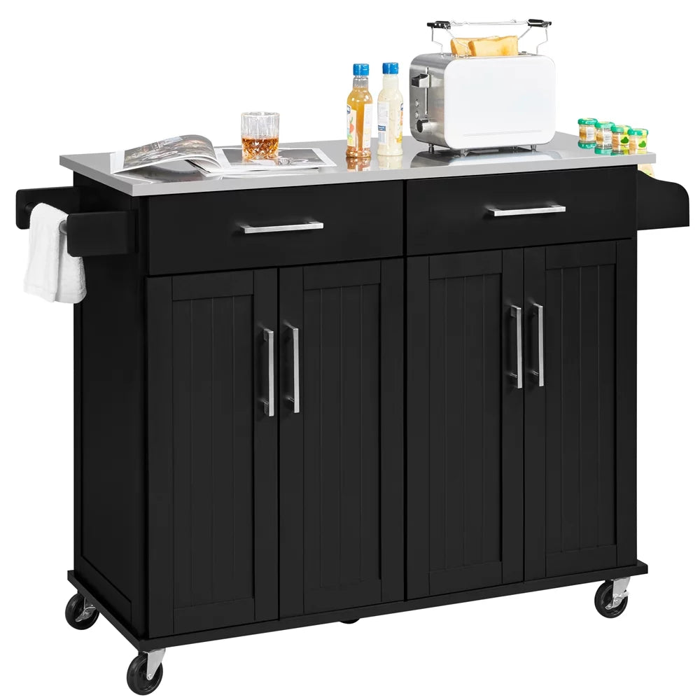 Topeakmart rolling kitchen island with storage drawers & towel bar & spice rack, black