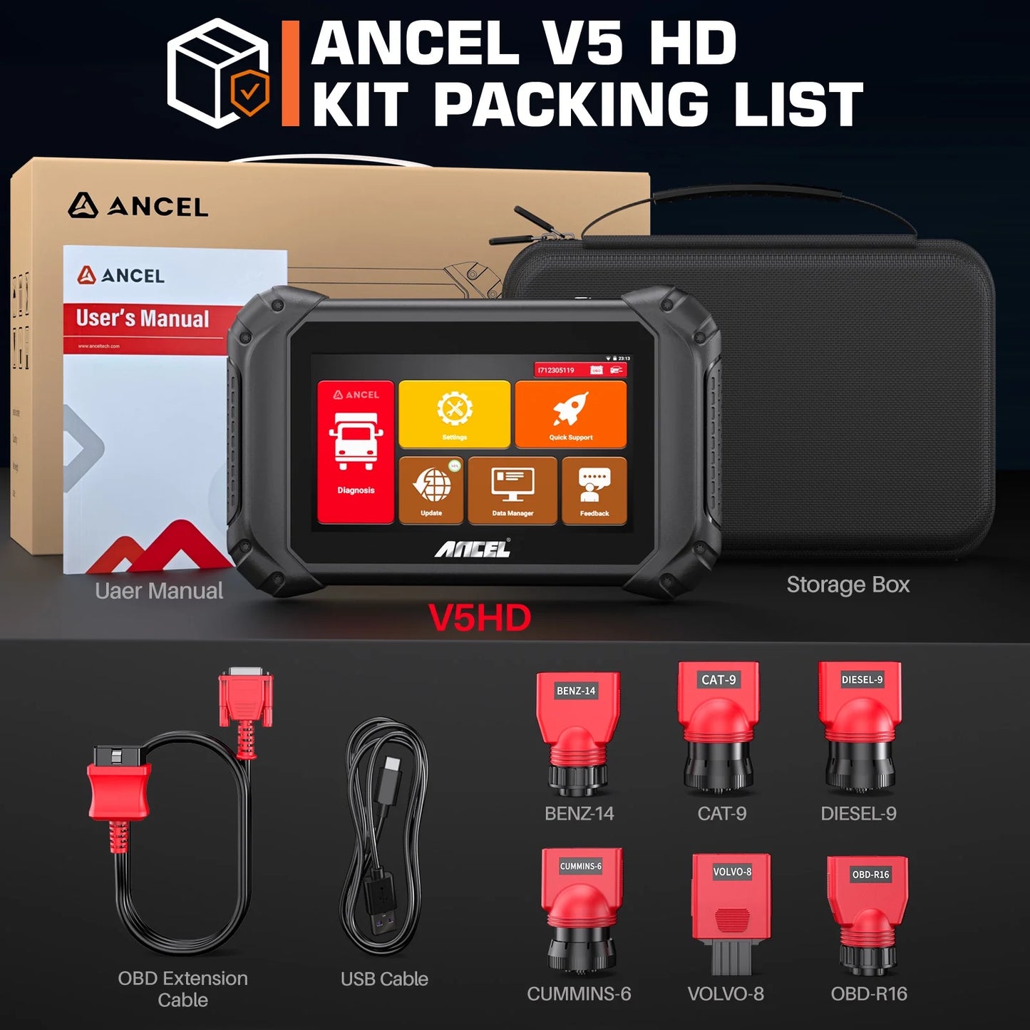 Ancel v5 hd diesel truck bi-directional diagnostic scan tool heavy duty truck all system scanner 40+ maintenance reset dpf regen ecu coding obd2 2 in 1 code reader for 24v truck 12v cars scan tablet