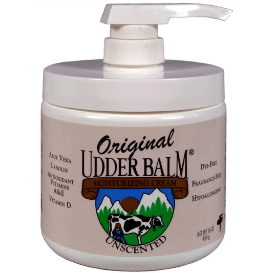 Unscented original udder balm moisturizing cream with aloe & lanolin 16oz pump jar.