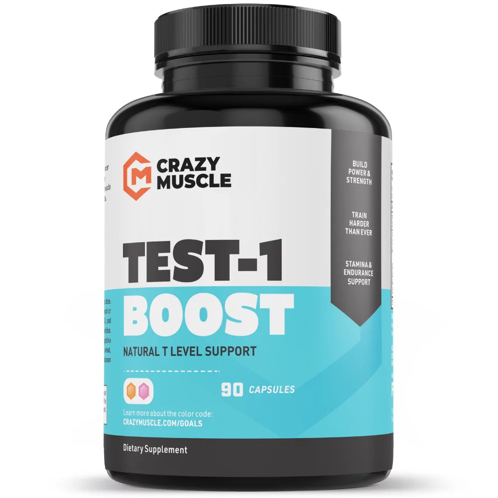 Test-1 boost by crazy muscle: 100% natural testosterone booster to build muscle - 90 capsules