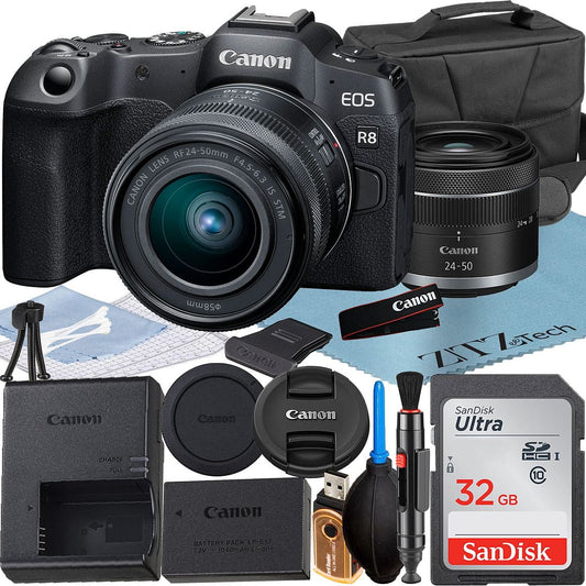 Canon eos r8 mirrorless camera with rf 24-50mm lens + sandisk 32gb memory card + case + led flash + zeetech accessory bundle