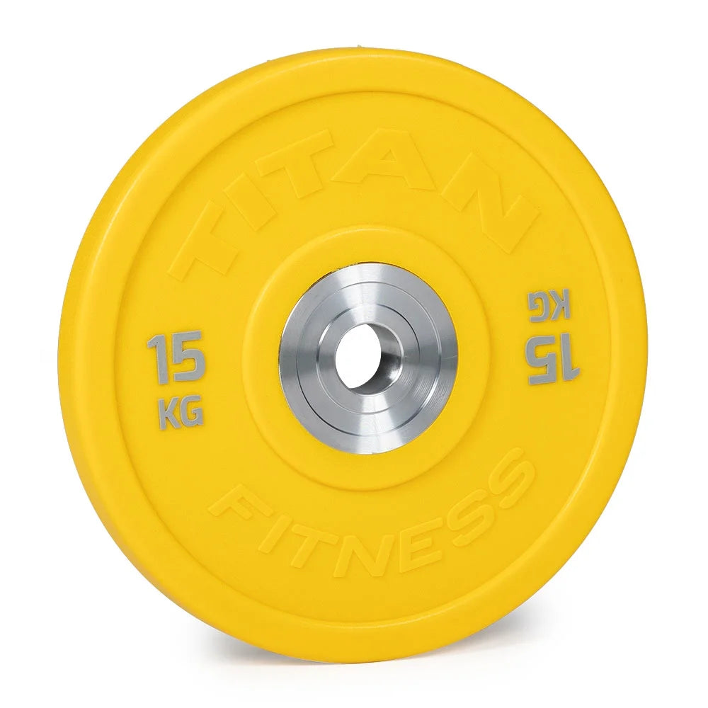 Titan fitness 15 kg color urethane bumper plates, sold individually, yellow colored mold with steel insert