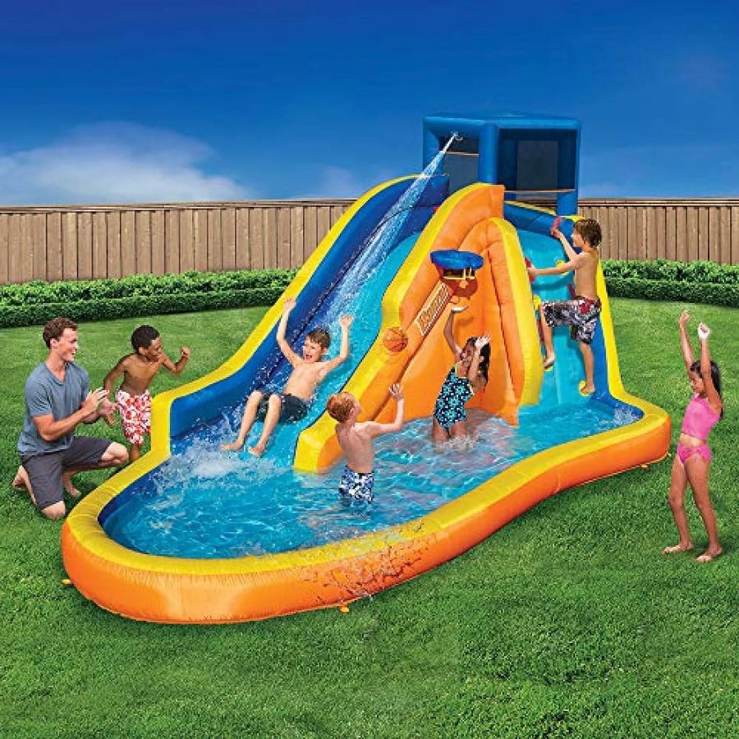 Banzai inflatable water slide - huge kids pool (14 feet long by 8 feet high) with built in sprinkler wave and basketball hoop