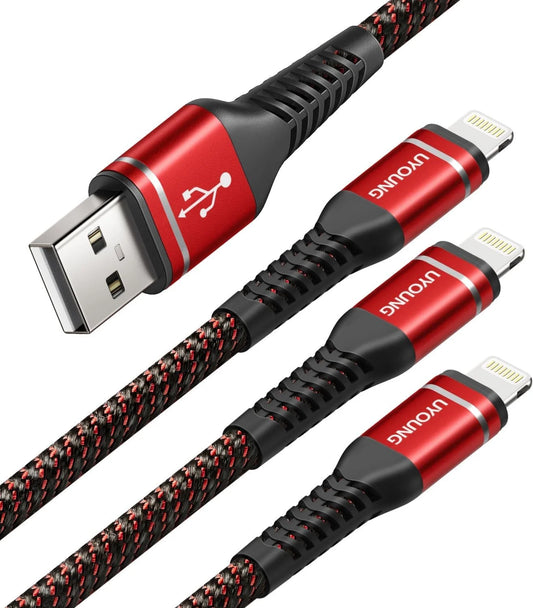 10 ft long iphone charger cord 3pack 10 foot red unbreakable usb fast iphone charging nylon braided charger cord compatible with iphone 11/x/xs/xr/xs max/8/7/6/5s/se, ipad pro/mini/air(red)