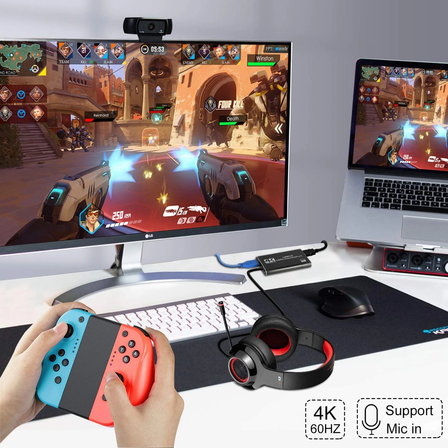 Ansten video capture card, hdmi to usb3.0 4k 60hz game capture device support windows linux os x system obs youtube twitch streaming and recording for ps4 xbox one game use