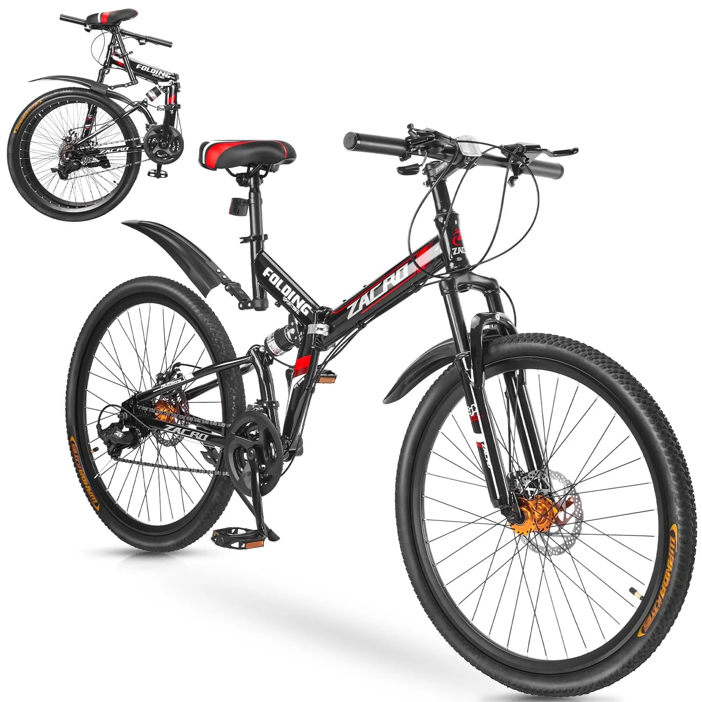 Zacro 26 inch folding mountain bike, upgraded 24 speed/carbon fiber wheels mtb bicycle, shock absorbers high-carbon steel & dual disc brake city road bikes, red