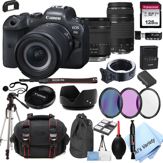 Canon eos r6 mirrorless digital camera w/ 24-105mm f/4-7.1 lens+75-300mm f/4-5.6 iii lens+128gb memory+case+filters+tripod(26pc bundle)