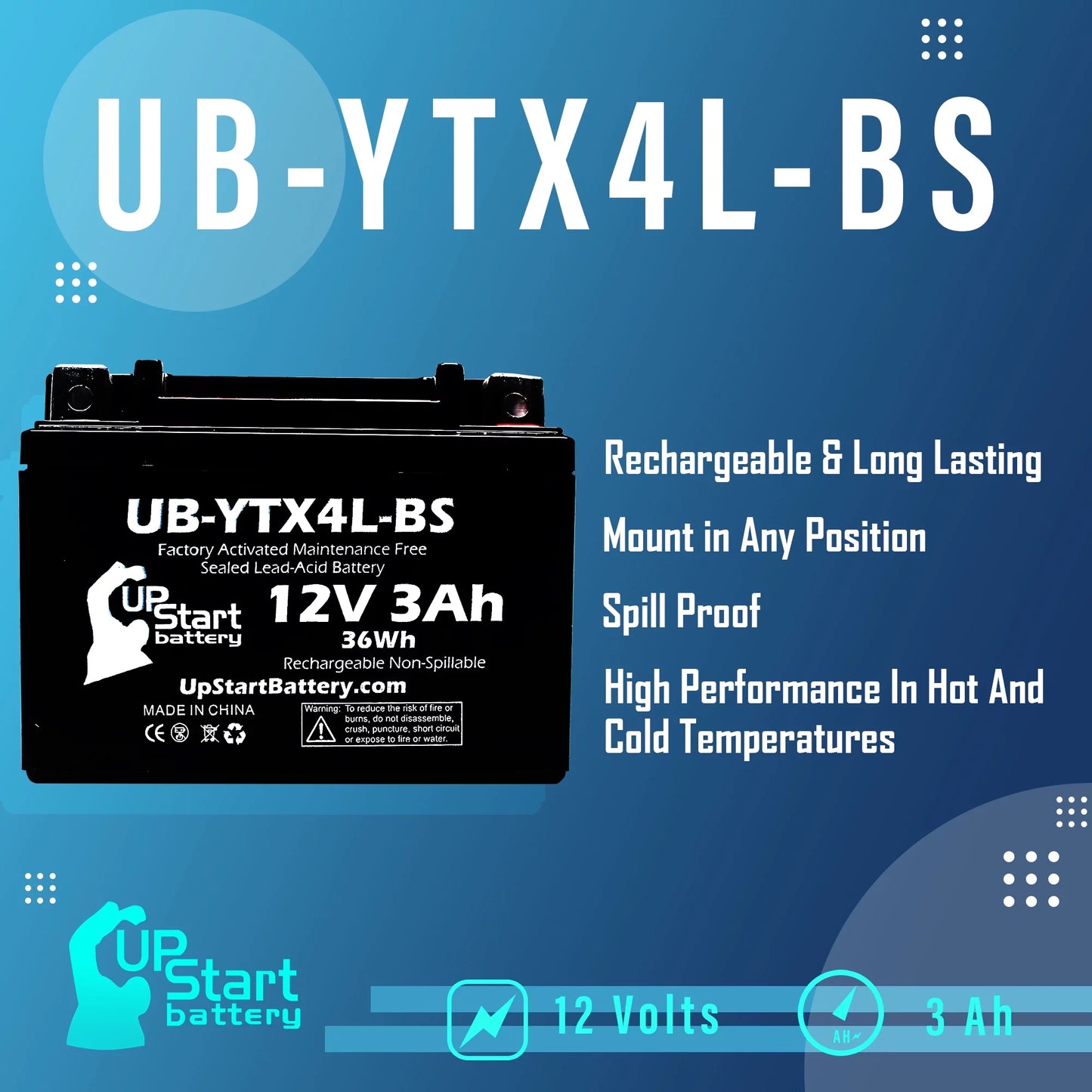 4-pack upstart battery replacement for 2004 bombardier (can-am) ds90, ds90f, quest 90cc factory activated, maintenance free, atv battery - 12v, 3ah, ub-ytx4l-bs