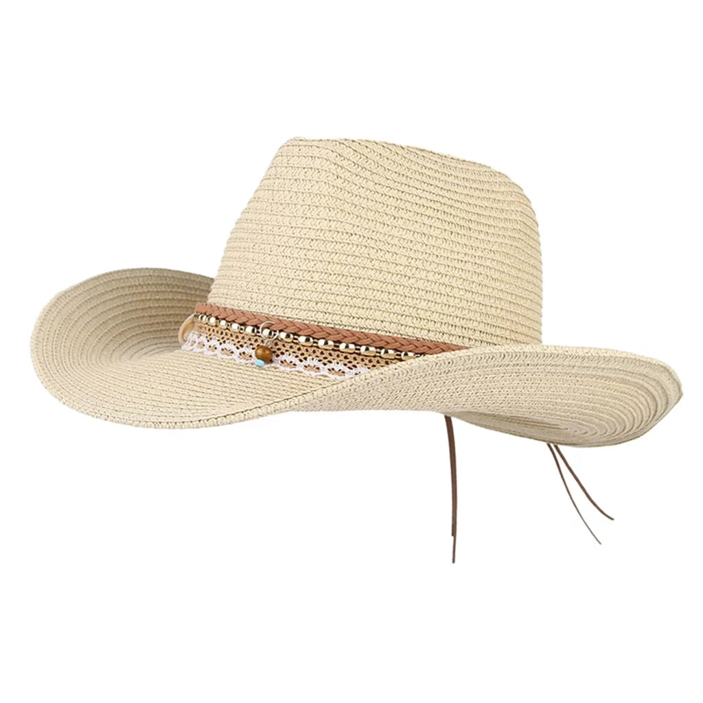 Women straw sun hat cowboy western style big brim floppy packable trilby beige