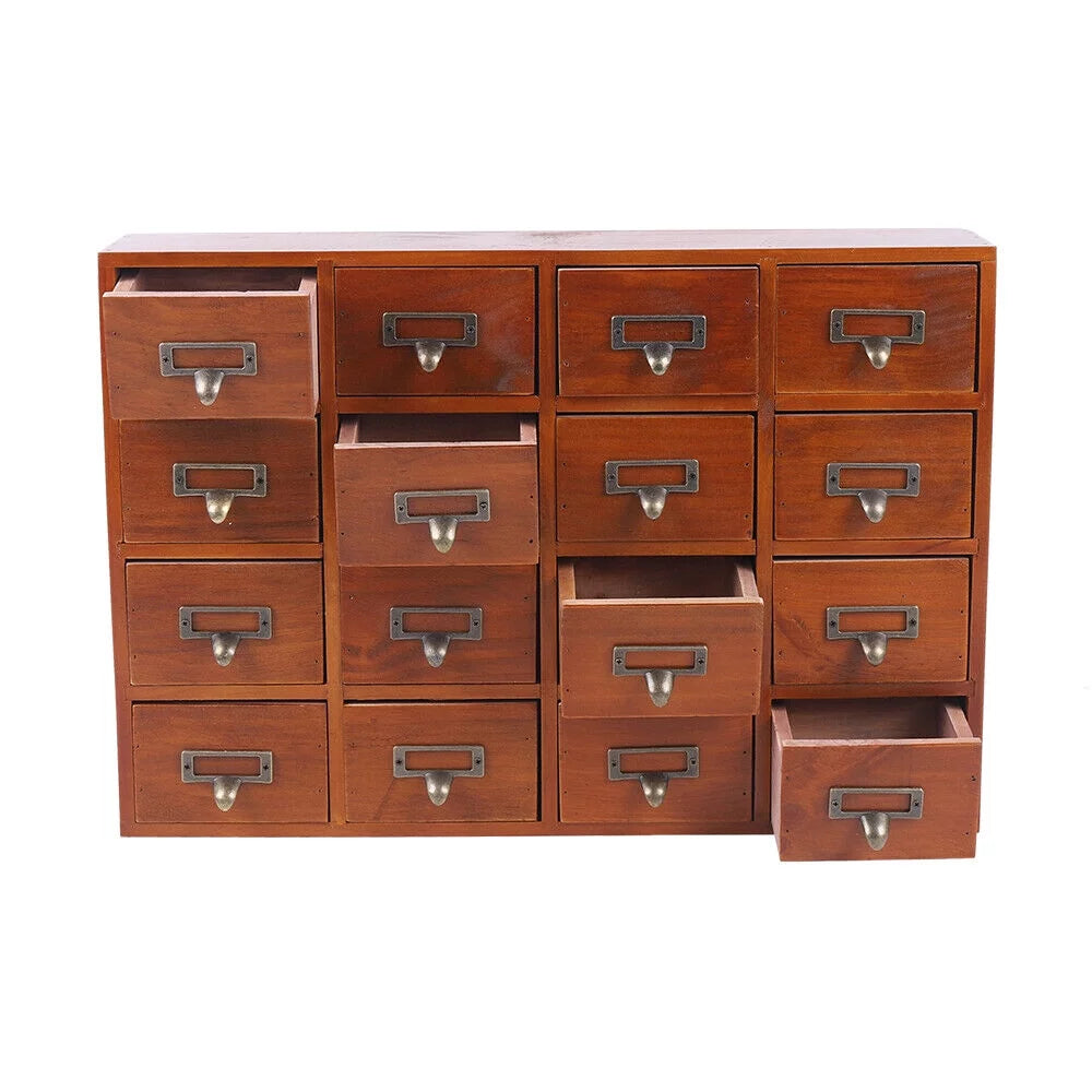 16 drawers vintage wood apothecary medicine cabinet label holder card catalog