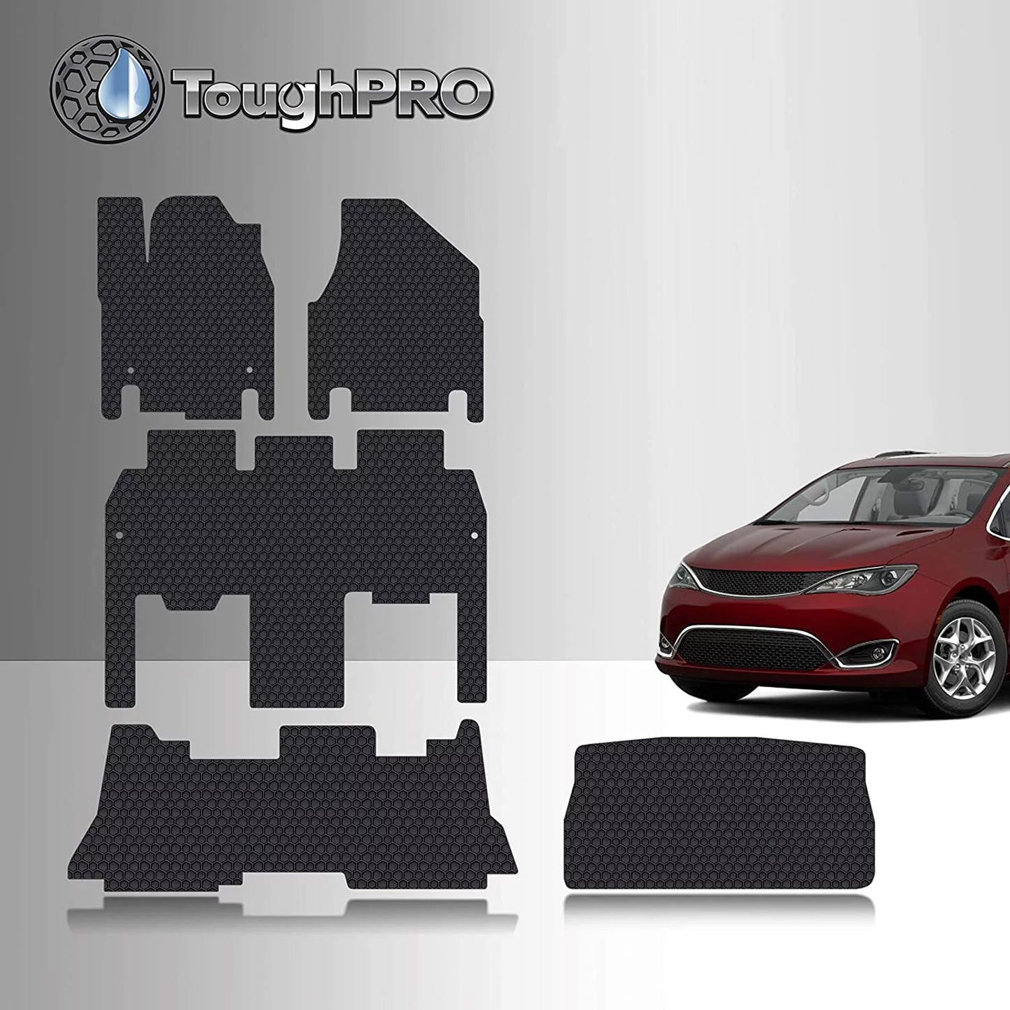 Toughpro floor mat accessories set floor mats + 3rd row + cargo compatible with chrysler pacifica hybrid - all weather - heavy duty - 2021