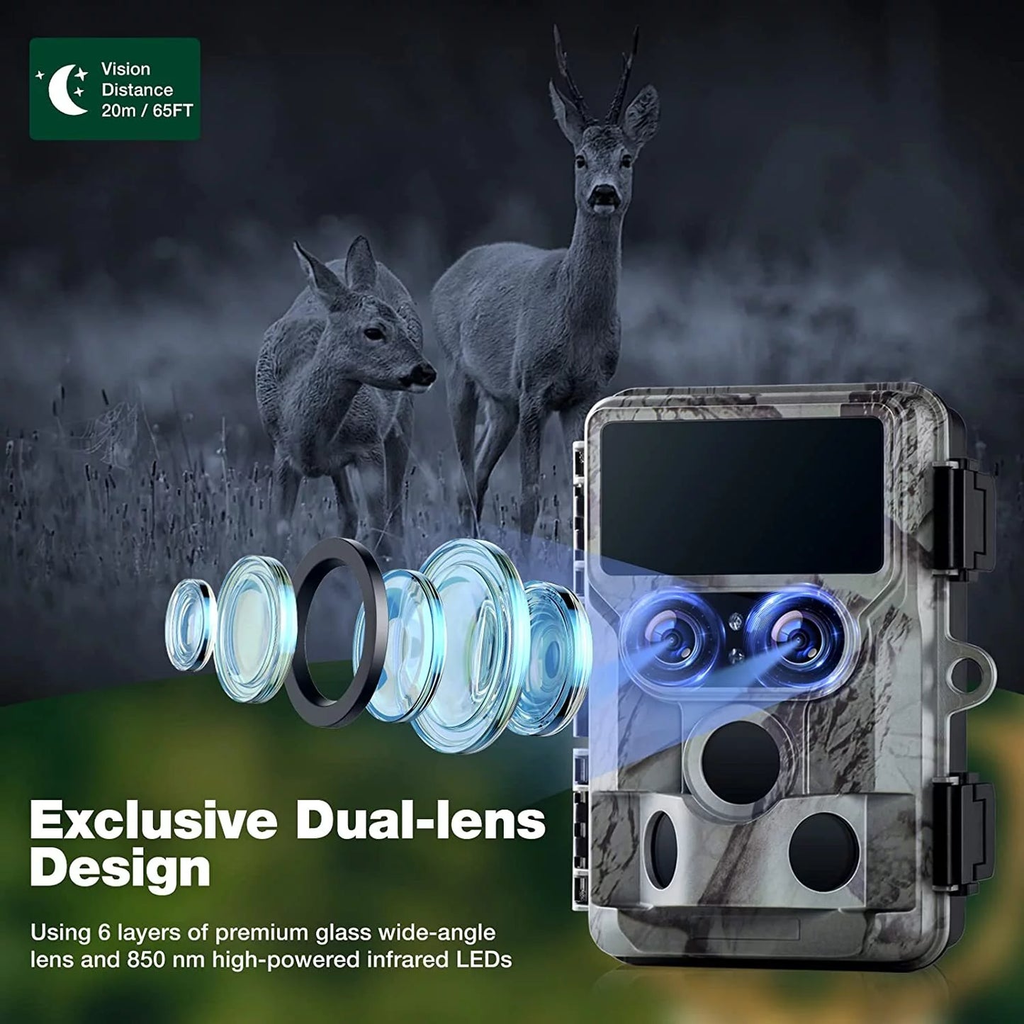 Campark native 4k 60mp 30fps trail game cameras wifi, starlight night vision dual lens bluetooth waterproof wildlife camera with imx458 sensors outdoor hunting deer cam with sd card