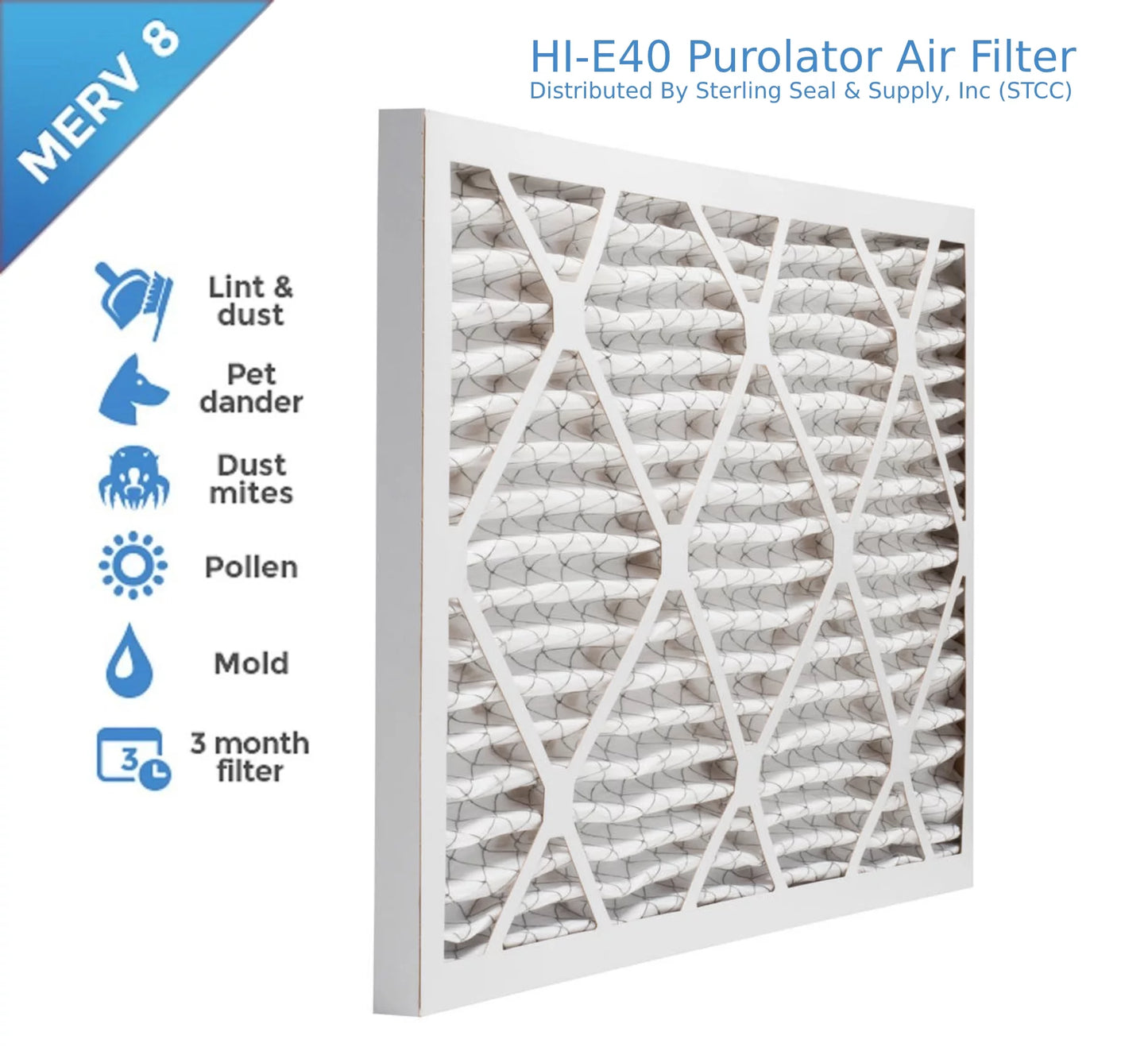 16x25x1, purolator / air guard hi-e 40 extended surface pleated air filter, , merv 8, (6-pack)