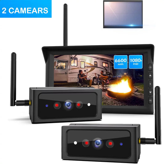 Auto-vox solar wireless backup camera for trucks, reverse trailer camera systems with 2 cameras, 7" rear view monitor for rv