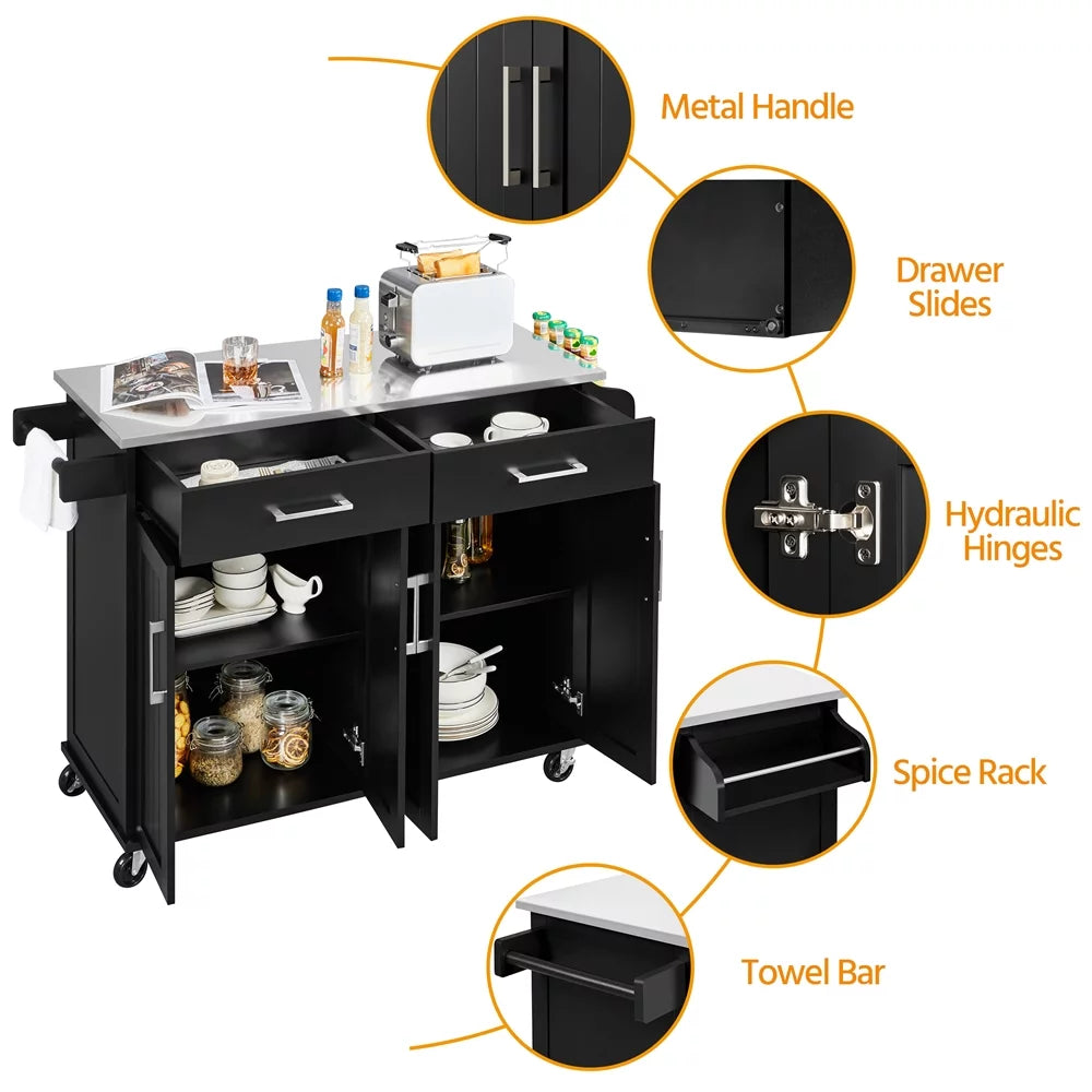 Topeakmart rolling kitchen island with storage drawers & towel bar & spice rack, black