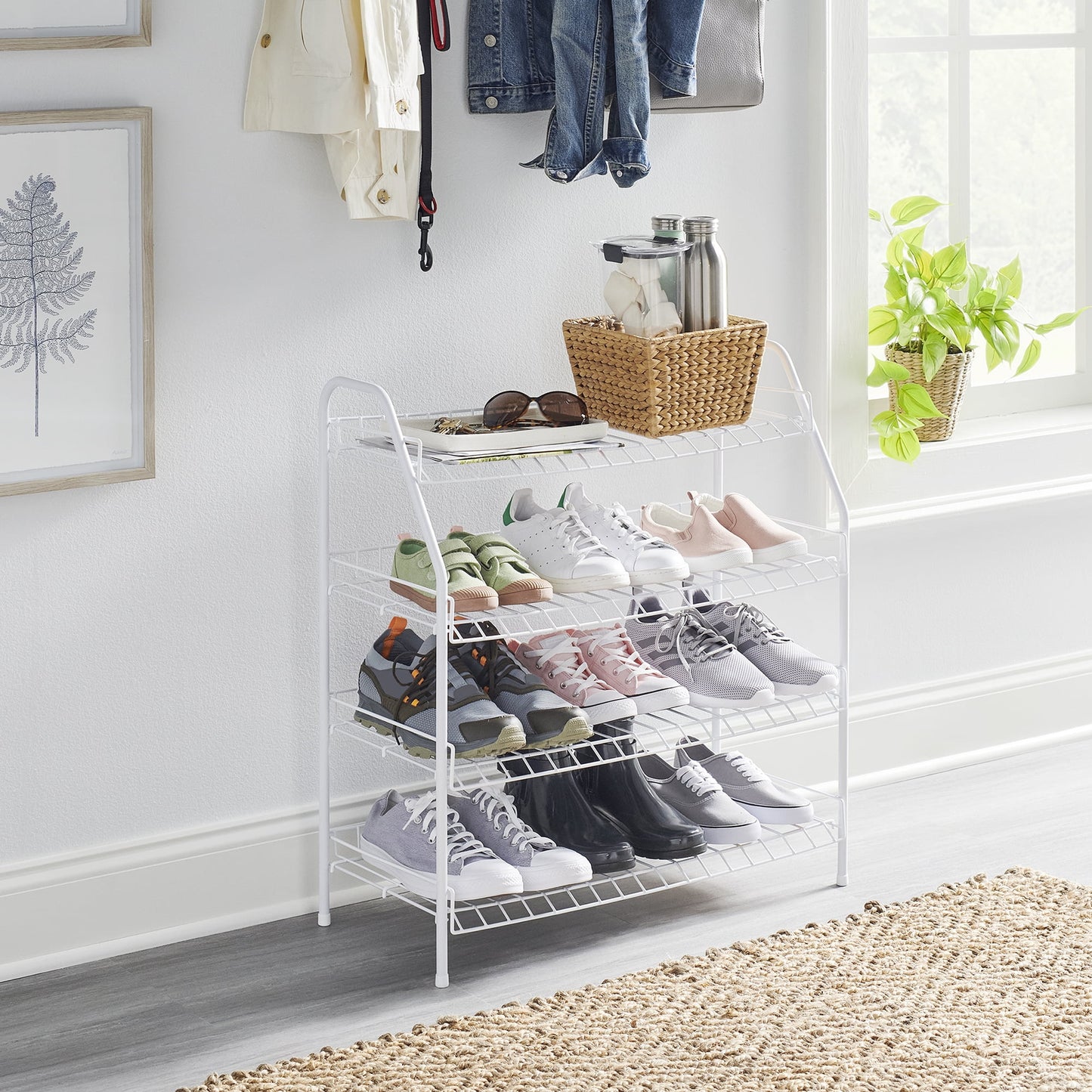 Rubbermaid freestanding 4-tier wire shelf shoe rack and organizer, white