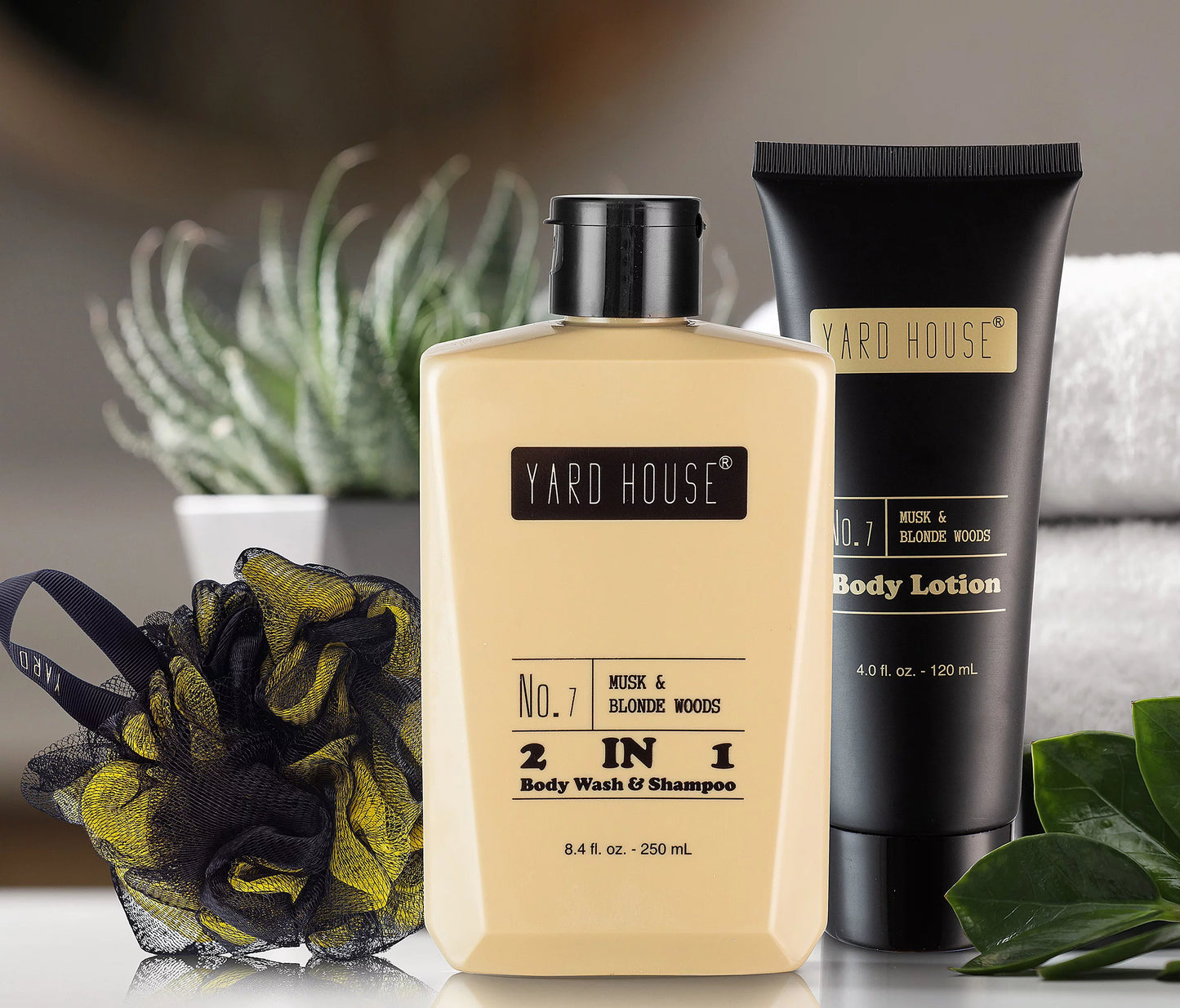 Yard house mens bath and body gift set - musk and blonde woods scented luxury spa gifts basket for him in toiletry bag-full size bubble bath, bath salts, body wash, facial scrub, lotion, shower puff