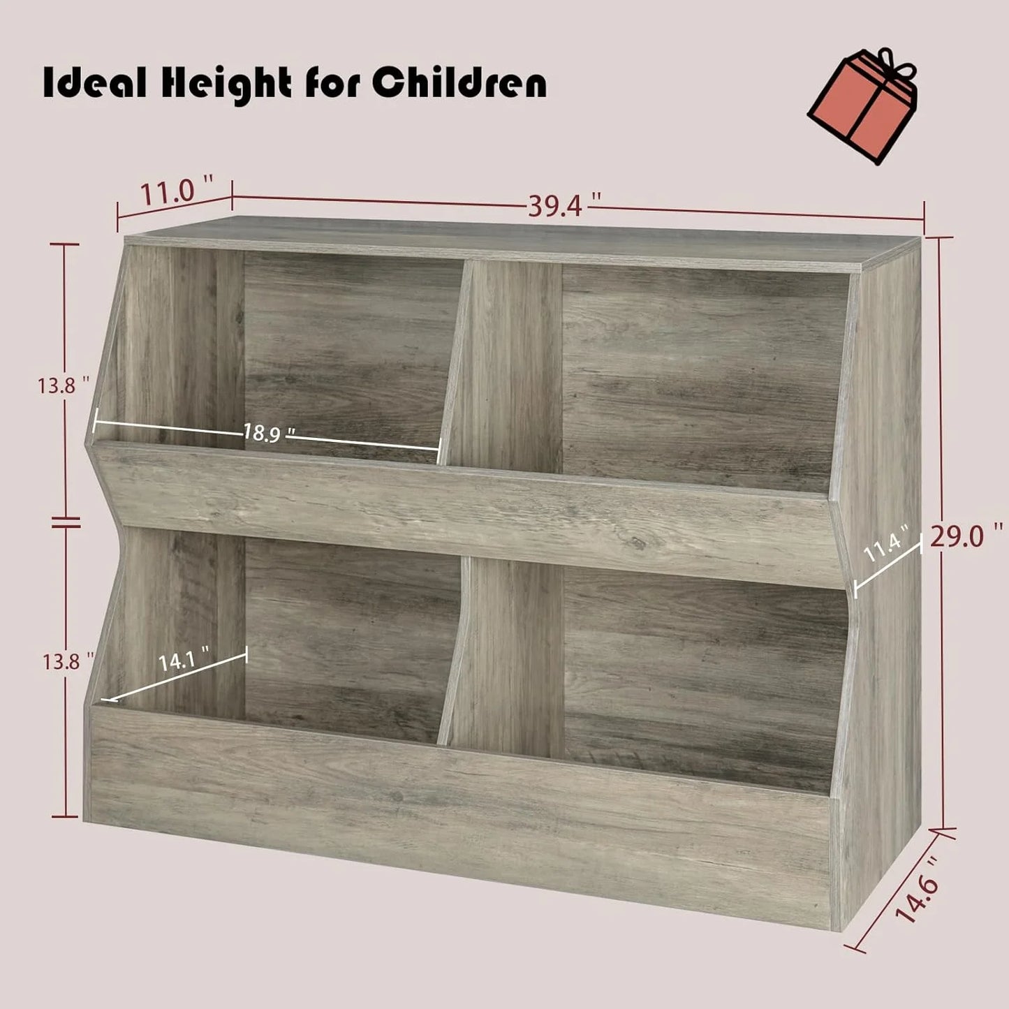 Ygdu kids , toy storage organizer, wooden toy storage cabinet, 4 cubby children bookcase, toddler book toy shelf for bedroom, nursery, hallway, school, 39.4" long, gray wash