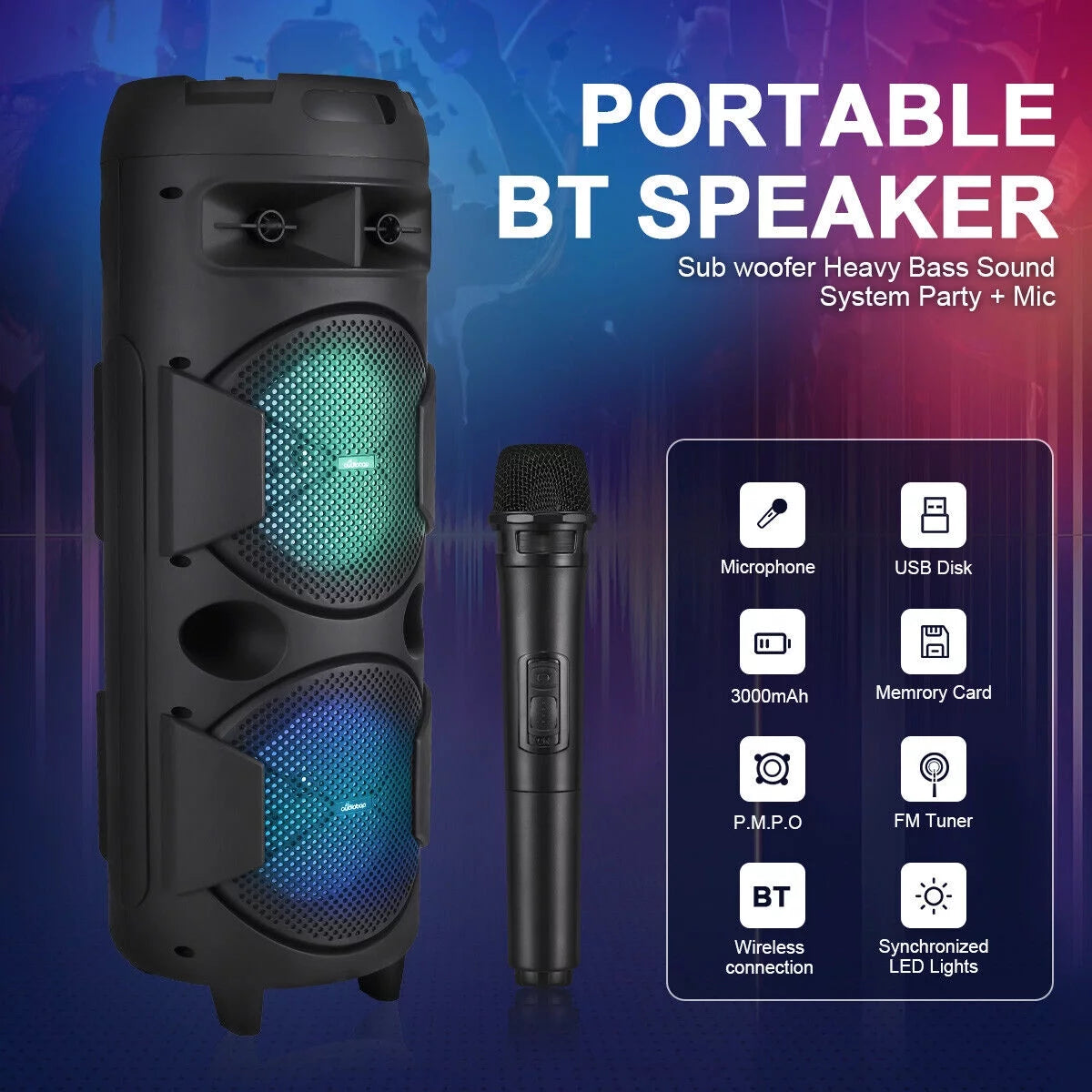 31" portable bluetooth speaker dual 8" subwoofer heavy bass sound system & mic