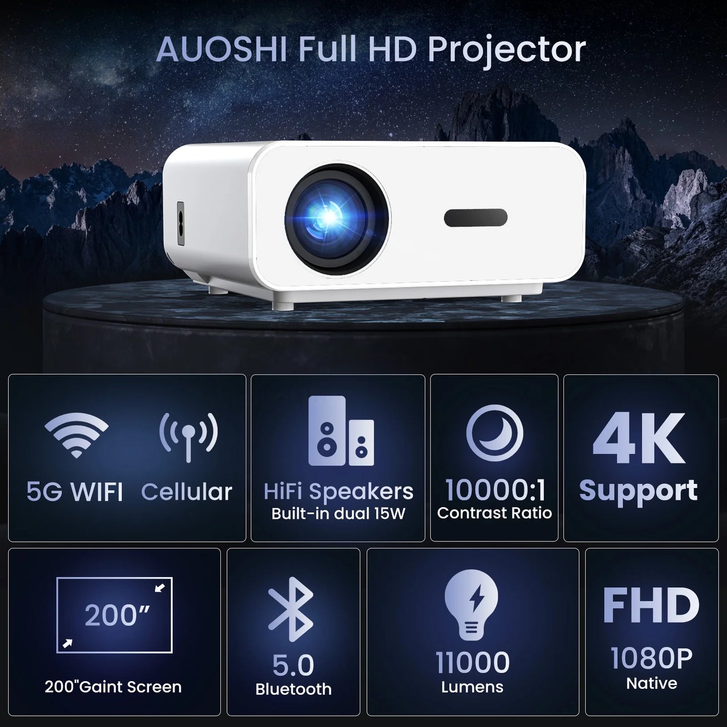 Auoshi projector with wifi and bluetooth, 4k support 1080p mini projector , video projector for home theater , 12000lm portable outdoor movie projector 5g/2.4g