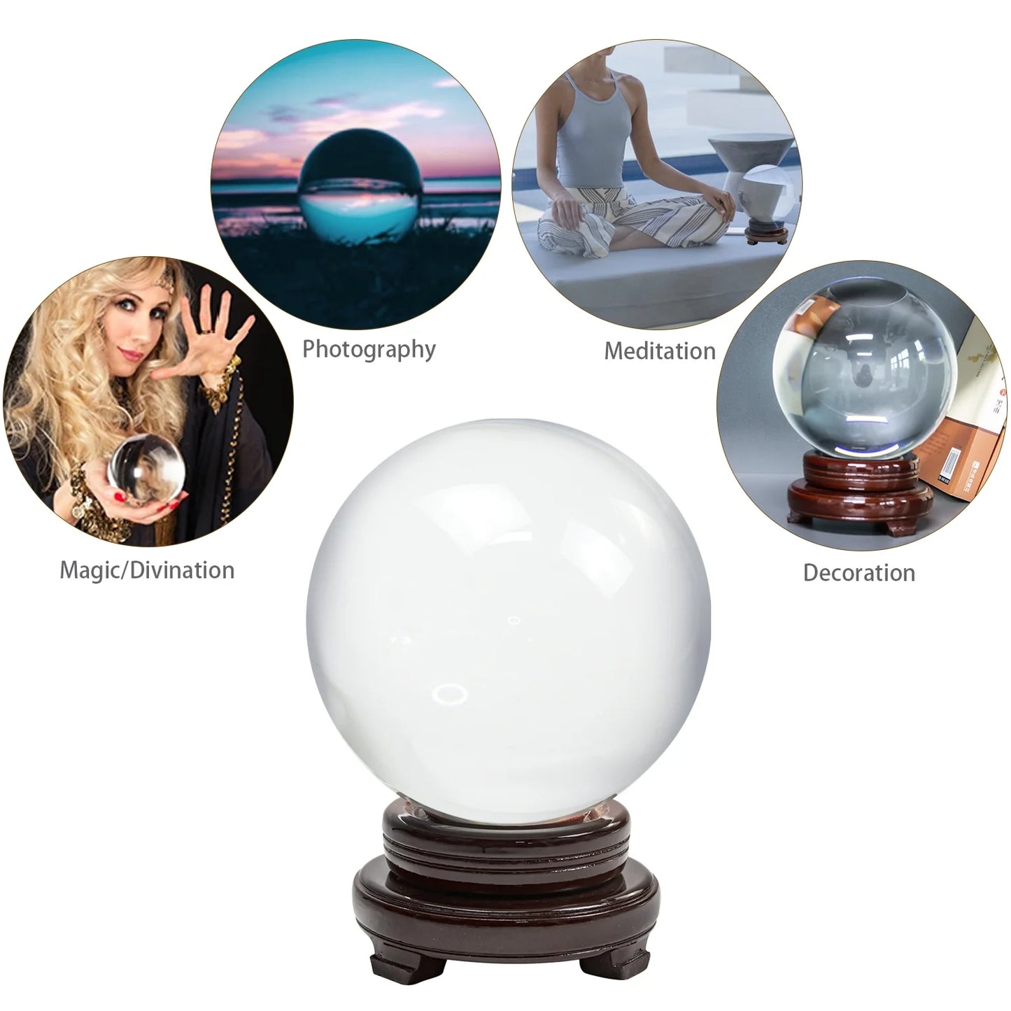 Bimiti 5.9" clear crystal glass ball, 150mm large glass marbles sphere magic witch ball with wood stand for gift