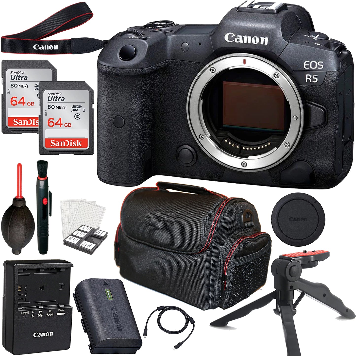 Canon eos r5 mirrorless camera (body only) + 2pc 64gb memory cards + tripod + case & more