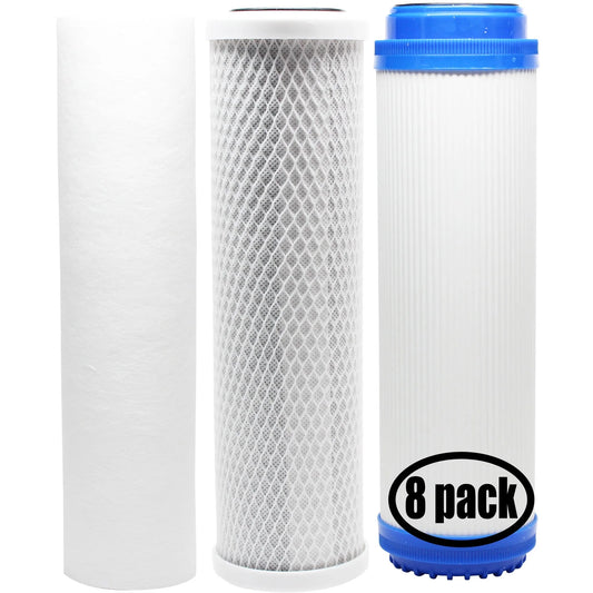 8-pack replacement for filter kit for pentek 150071 ro system - includes carbon block filter, pp sediment filter & gac filter - denali pure brand