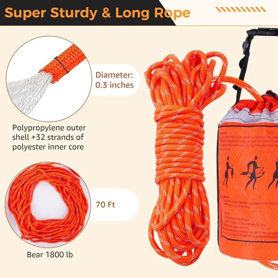 Water rescue throw bag with 70 feet of rope, first aid device for kayaking and rafting, safety equipment for raft and boat