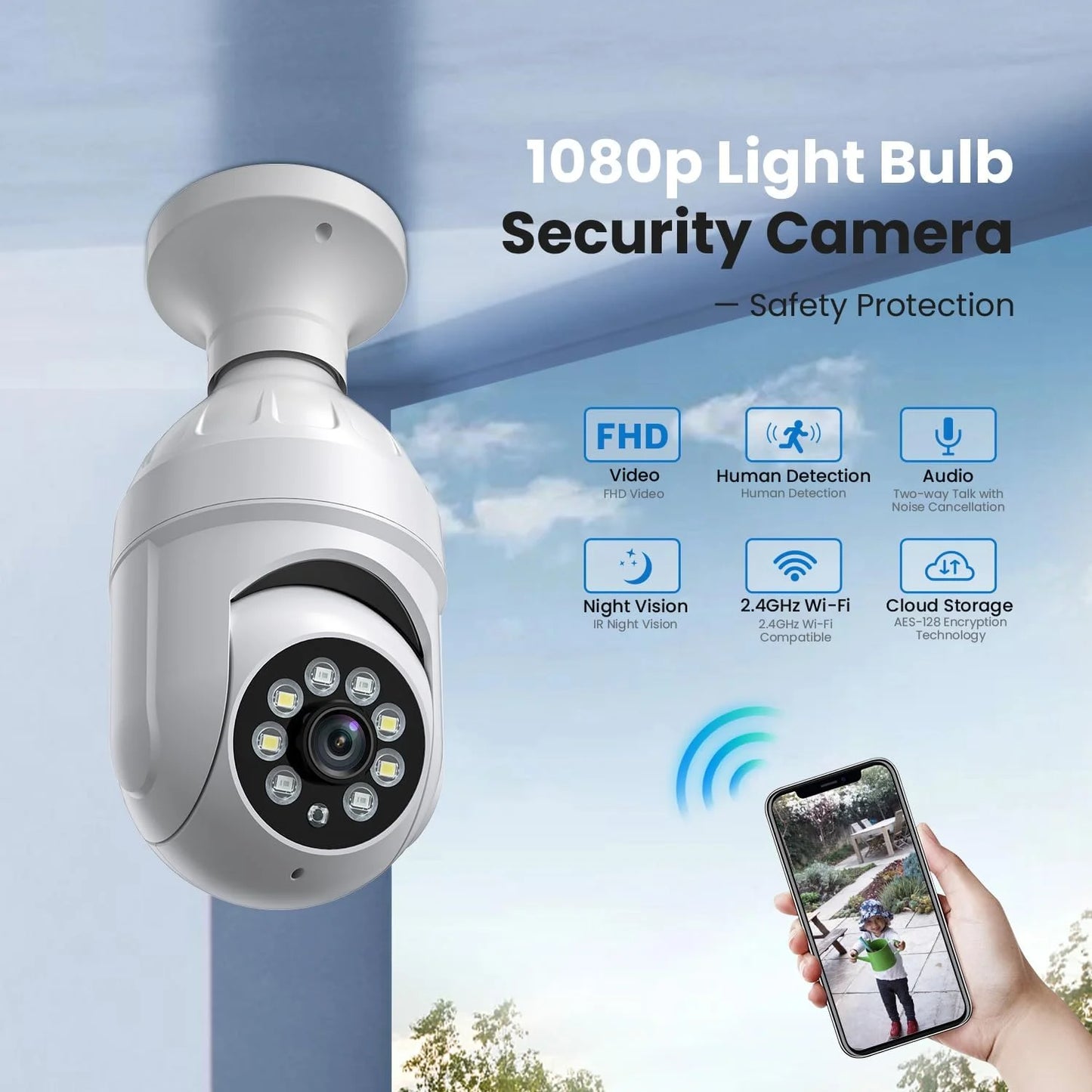 Bitep 1080p light bulb security camera, 355° panora dome cam, live view, ai human detection, 2-way