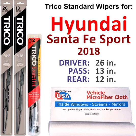 Wiper blades (set of 3) w/rear wiper compatible with 2018 hyundai santa fe sport