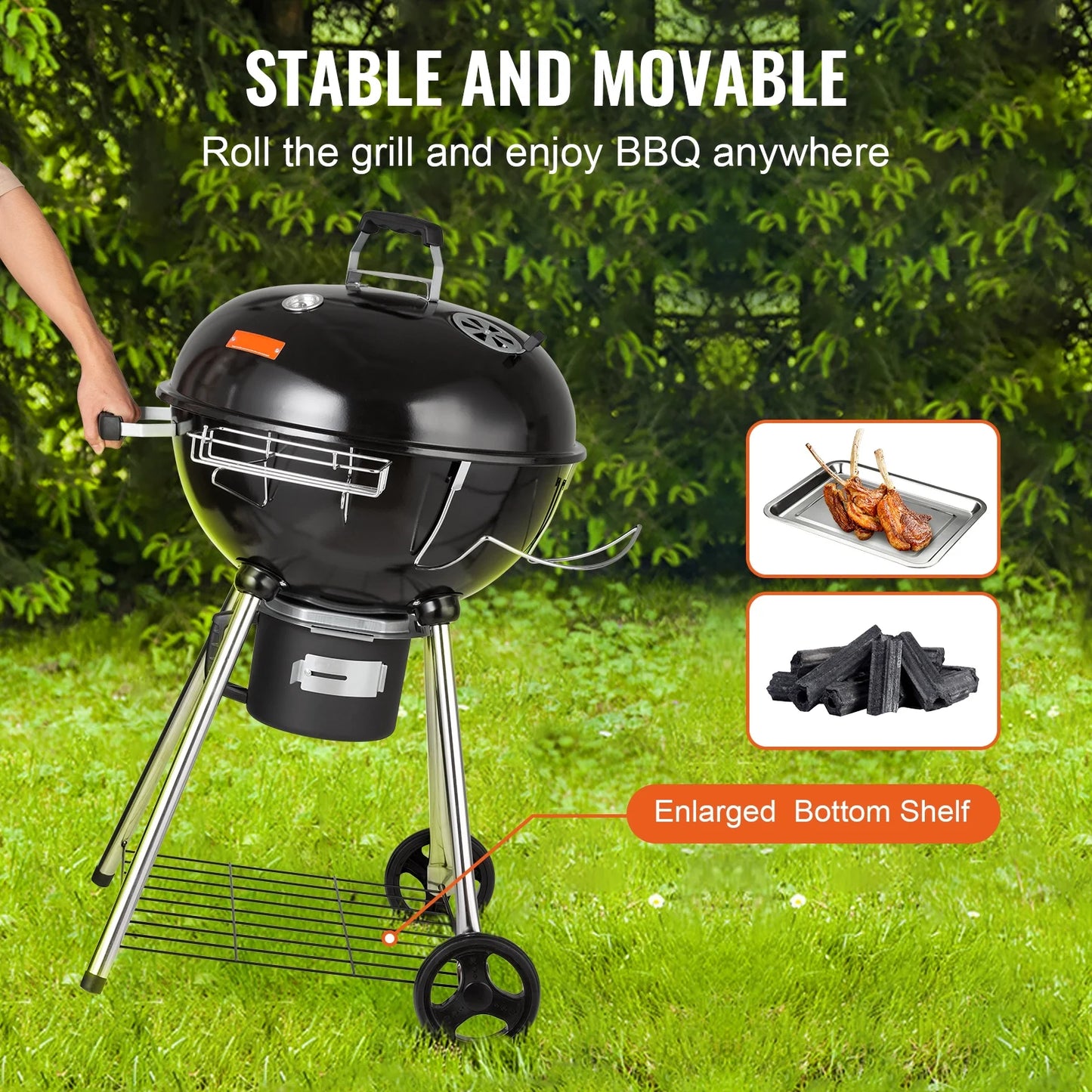 Skyshalo 22 inch kettle charcoal grill outdoor picnic patio barbecue cooking, portable grill propane gas kettle grills w/cover, iron & steel small bbq grill